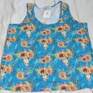 Cheekys Brand Floral Bull Skull Racerback Tank Top size XL Beautiful Blue/Teal